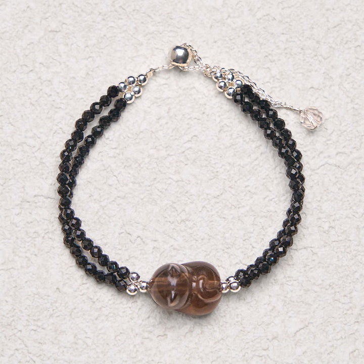 Buddha Stones Ice Obsidian Black Spinel Lying Cat Courage Double Layer Bracelet - image 5