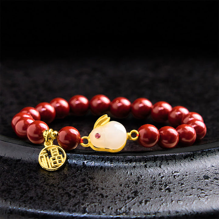 Buddha Stones Cinnabar Rabbit Bunny Fu Character Blessing Bracelet - Cinnabar(Wrist Circumference 14-16cm) - image 0