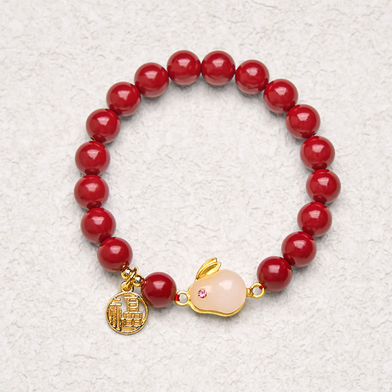 Buddha Stones Cinnabar Rabbit Bunny Fu Character Blessing Bracelet - image 5