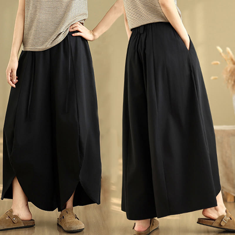Buddha Stones Summer Vintage Lace-Up Women's Wide Leg Split Pants With Pockets - image 5