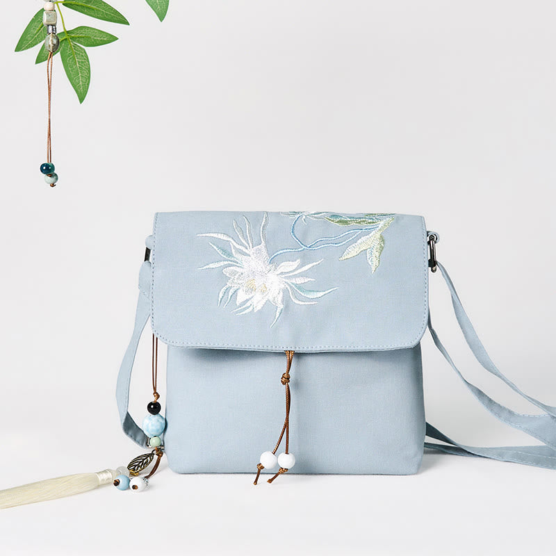 Buddha Stones Plain Embroidered LightBlue Epiphyllum Cotton Linen Crossbody Bag Shoulder Bag - image 1