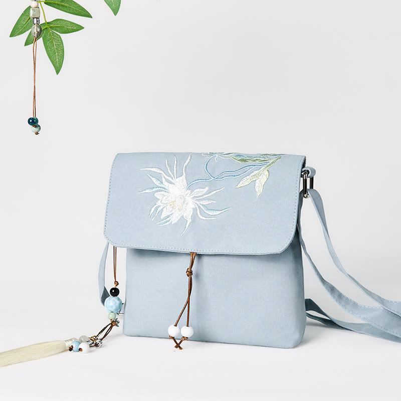 Buddha Stones Plain Embroidered LightBlue Epiphyllum Cotton Linen Crossbody Bag Shoulder Bag - image 3