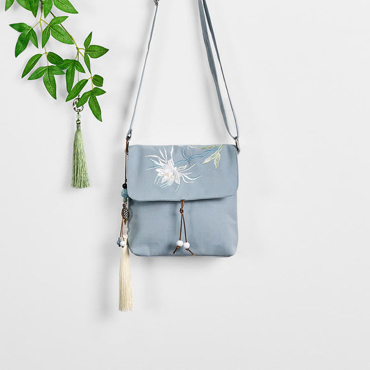 Buddha Stones Plain Embroidered LightBlue Epiphyllum Cotton Linen Crossbody Bag Shoulder Bag - image 7
