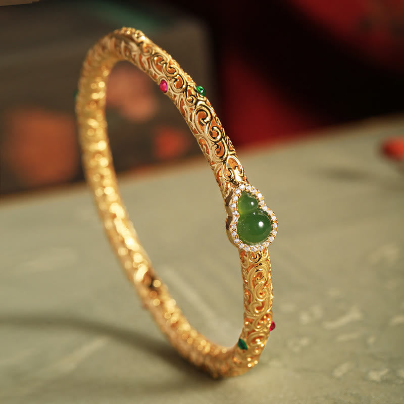 Buddha Stones Cyan Jade Copper Plated Gold Auspicious Clouds Gourd Luck Bracelet Bangle - 56mm - image 0