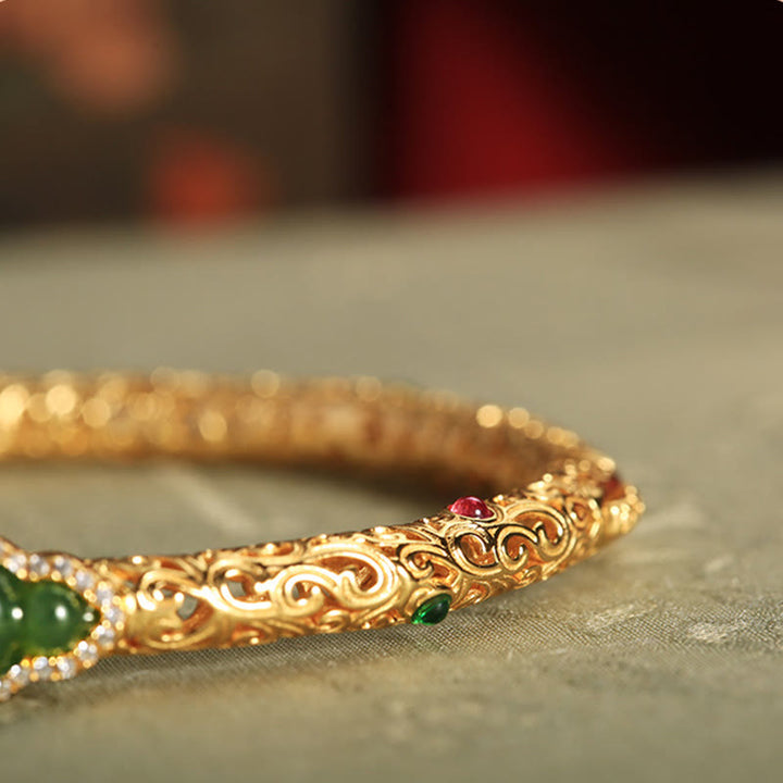 Buddha Stones Cyan Jade Copper Plated Gold Auspicious Clouds Gourd Luck Bracelet Bangle - image 13