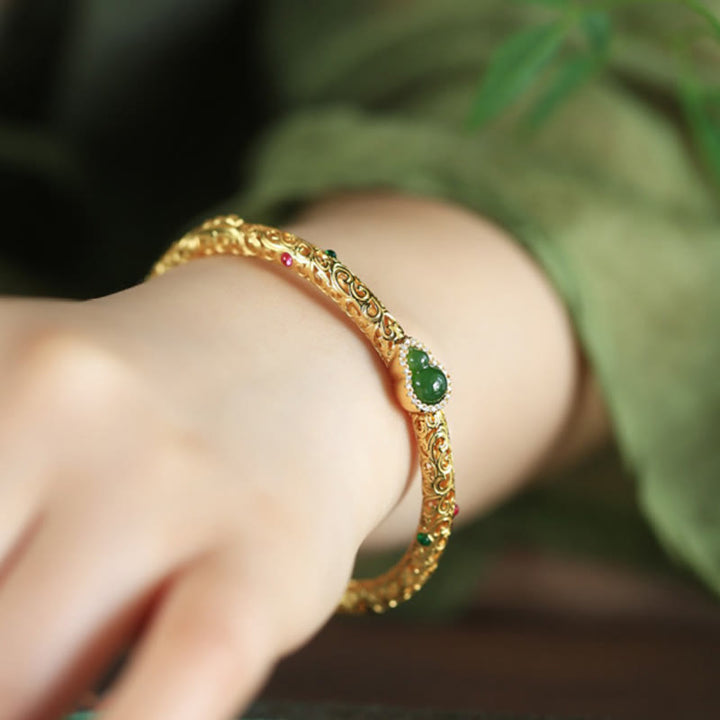 Buddha Stones "Sending Health and Good Fortune" Cyan Jade Copper Bangle Includes Gift Message Card - image 14