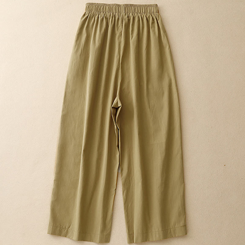 Buddha Stones Causal Vintage Solid Color Button Design Women's Wide Leg Cotton Pants With Pockets - image 1