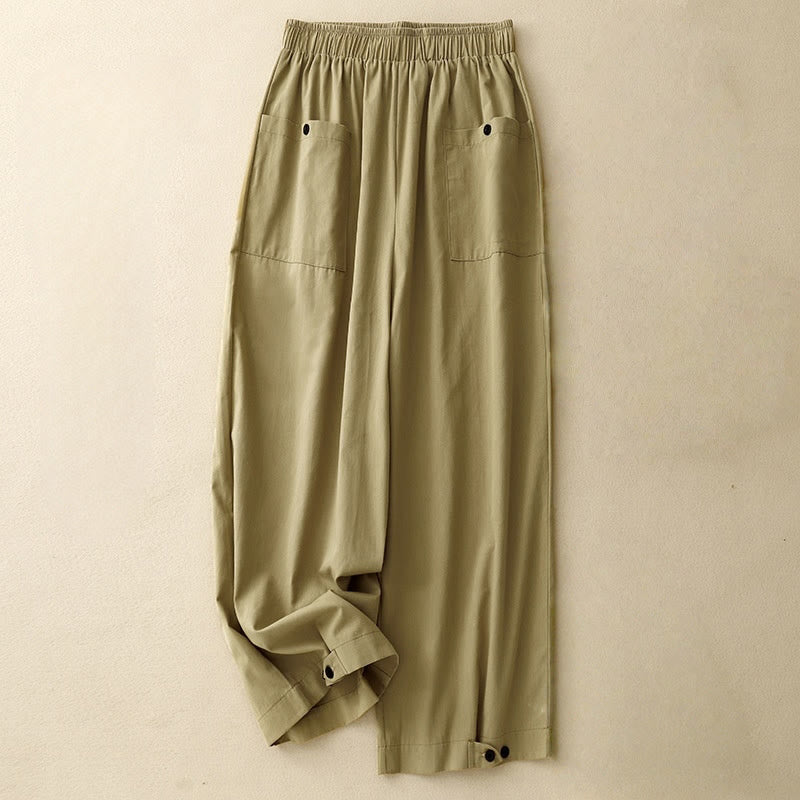 Buddha Stones Causal Vintage Solid Color Button Design Women's Wide Leg Cotton Pants With Pockets - Goldenrod - US8-10，UK/AU12-14，EU40-42 (2XL) - image 0