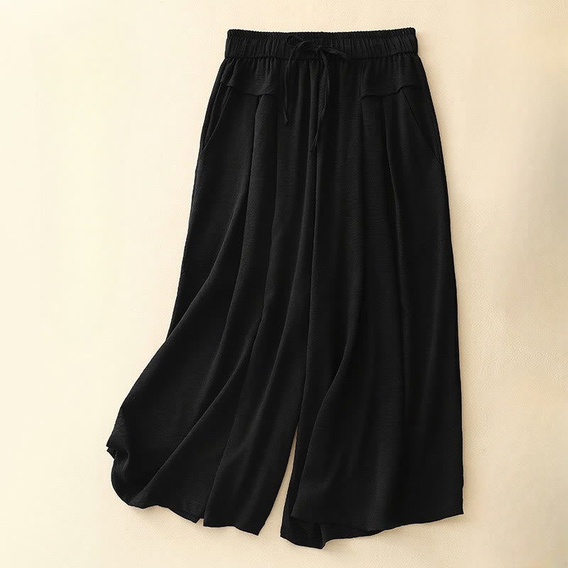 Buddha Stones Causal Ethnic Simple Drawstring Design Women's Wide Leg Cropped Pants With Pockets - Black - US8-10，UK/AU12-14，EU40-42 (2XL) - image 9