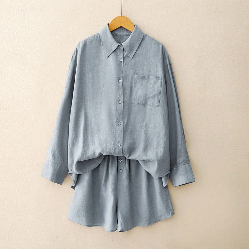 Buddha Stones Summer 2pcs Plain Long Sleeve Shirt Top Cardigan Shorts Meditation Clothing Women's Set With Pockets - CornflowerBlue - US12，UK/AU16，EU44 (2XL) - image 17