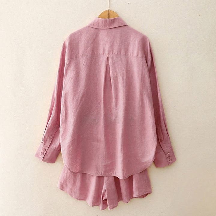 Buddha Stones Summer 2pcs Plain Long Sleeve Shirt Top Cardigan Shorts Meditation Clothing Women's Set With Pockets - image 2
