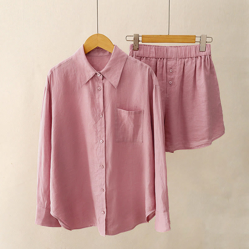 Buddha Stones Summer 2pcs Plain Long Sleeve Shirt Top Cardigan Shorts Meditation Clothing Women's Set With Pockets - PaleVioletRed - US12，UK/AU16，EU44 (2XL) - image 0