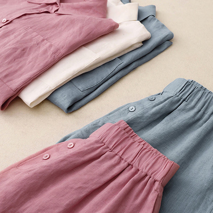 Buddha Stones Summer 2pcs Plain Long Sleeve Shirt Top Shorts Meditation Clothing Women's Set With Pockets - image 34