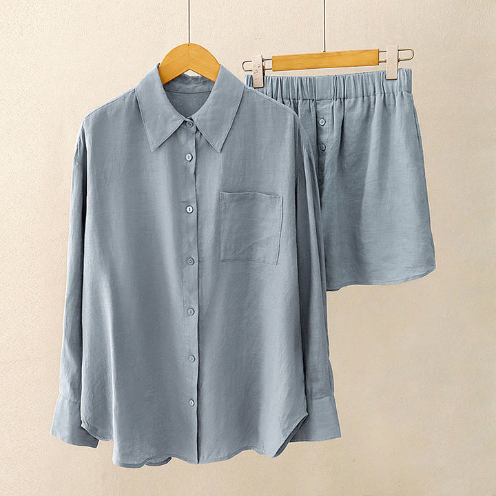 Buddha Stones Summer 2pcs Plain Long Sleeve Shirt Top Cardigan Shorts Meditation Clothing Women's Set With Pockets - image 18