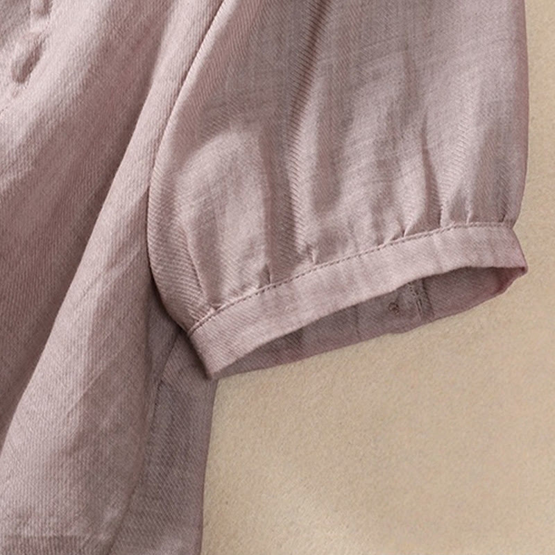 Buddha Stones Casual Daily Plain Button Ruffled Design Stand Collar Women's Cotton Linen Three Quarter Sleeve Shirt - image 5