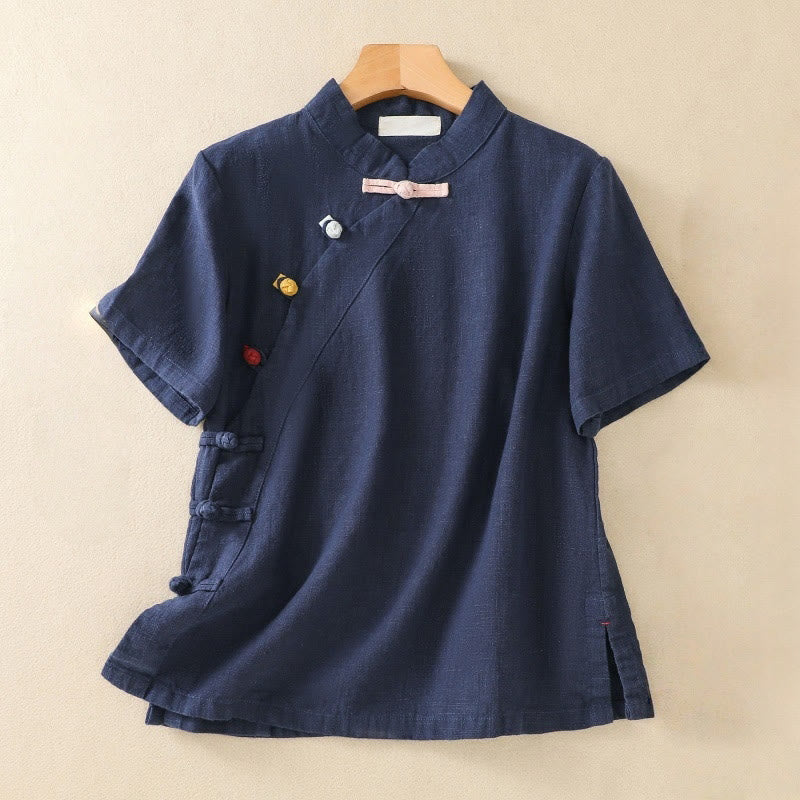 Buddha Stones Casual Plain Slant Stand Collar Collar Colorful Frog-Button Tang Suit Women's Cotton Linen Three Quarter Sleeve Shirt Cardigan - Navy - US8-10，UK/AU12-14，EU40-42 (2XL) - image 0
