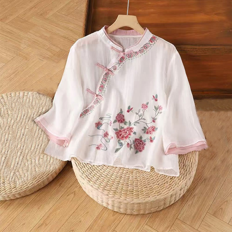 Buddha Stones Vintage Zen Embroidery Plant Floral Pattern Chinese Frog-Button Design Three Quarter Sleeve Women's Cotton Linen Shirt - LavenderBlush - US12，UK/AU16，EU44 (4XL) - image 1