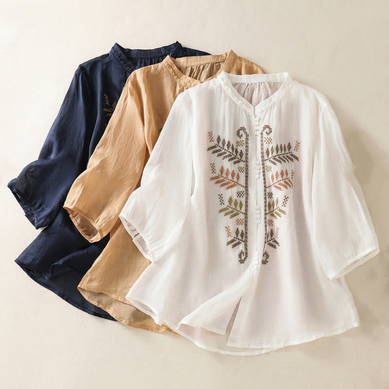 Buddha Stones Casual Artistic Embroidery Leaves Pattern Women's Three Quarter Sleeve Shirt - image 22