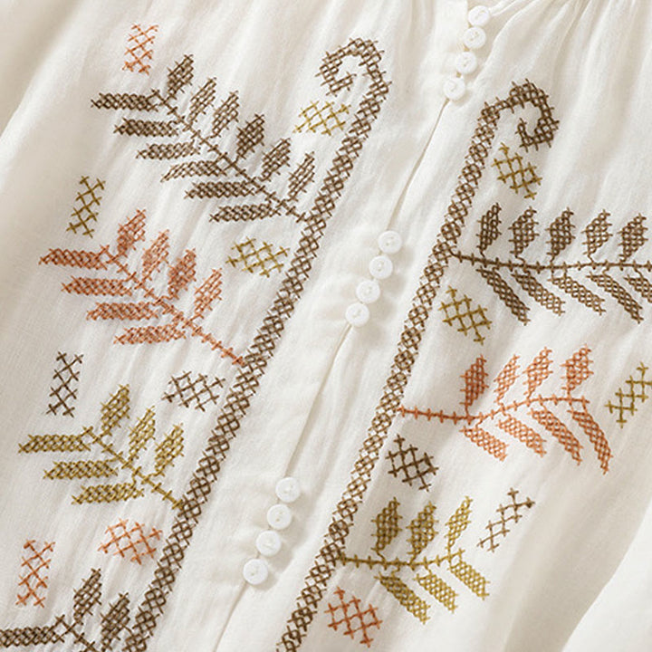 Buddha Stones Casual Artistic Embroidery Leaves Pattern Women's Three Quarter Sleeve Shirt - image 18