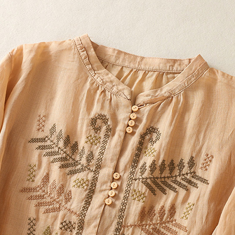 Buddha Stones Casual Artistic Embroidery Leaves Pattern Women's Three Quarter Sleeve Shirt - image 2