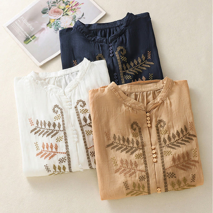 Buddha Stones Casual Artistic Embroidery Leaves Pattern Women's Three Quarter Sleeve Shirt - image 23