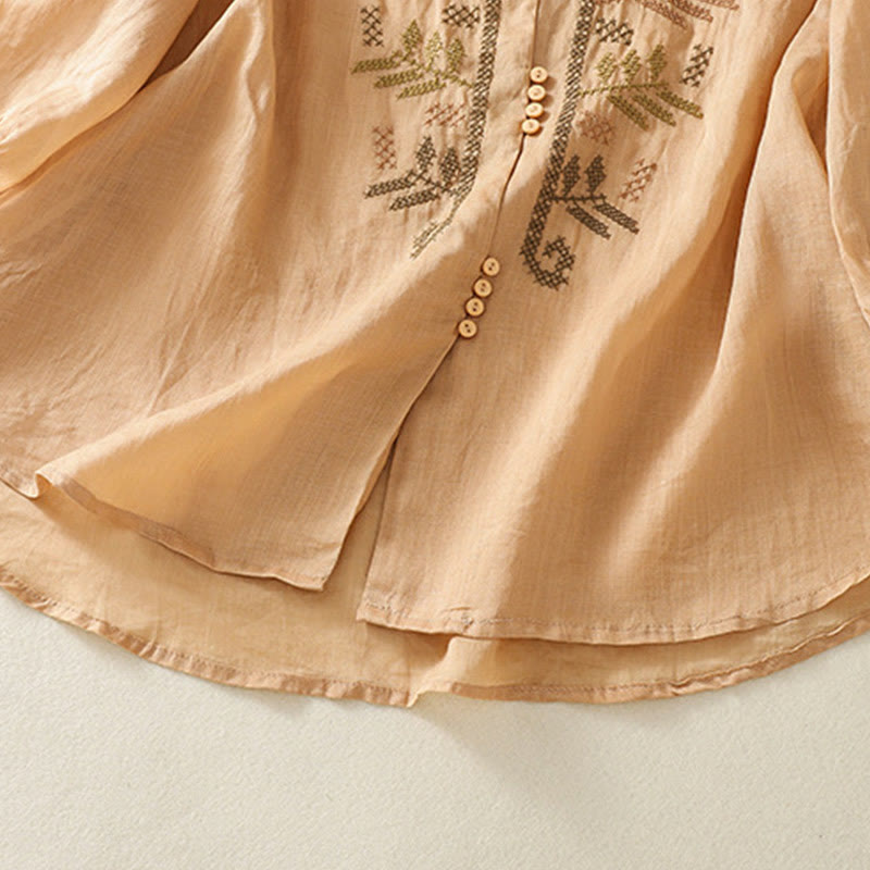Buddha Stones Casual Artistic Embroidery Leaves Pattern Women's Three Quarter Sleeve Shirt - image 7