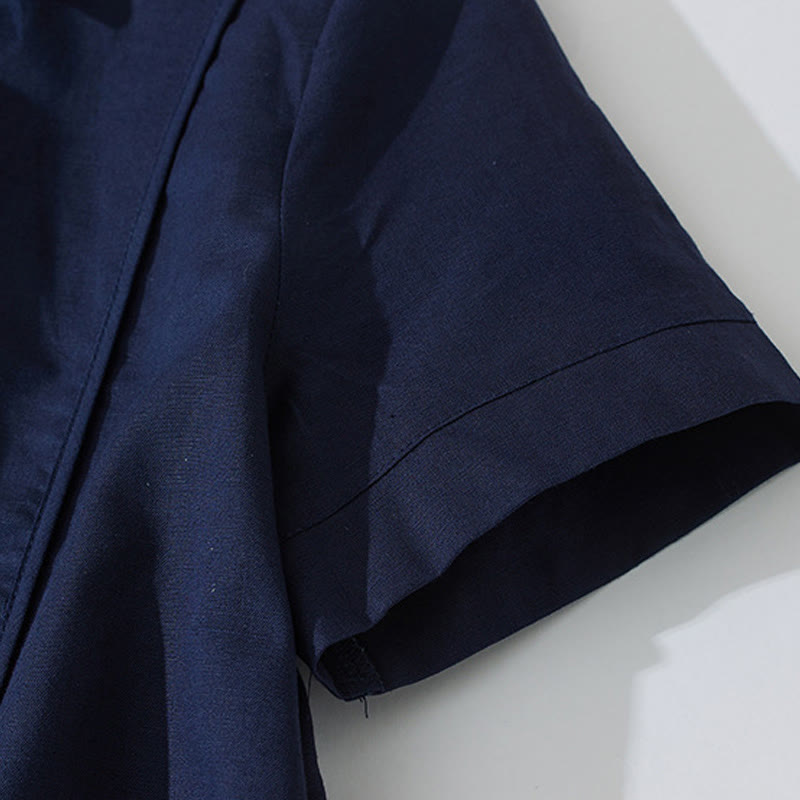 Buddha Stones Summer Retro Solid Color Button Design Short Sleeve Cotton Midi Dress With Pockets - image 21