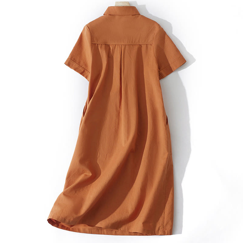 Buddha Stones Summer Retro Solid Color Button Design Short Sleeve Cotton Midi Dress With Pockets - image 1
