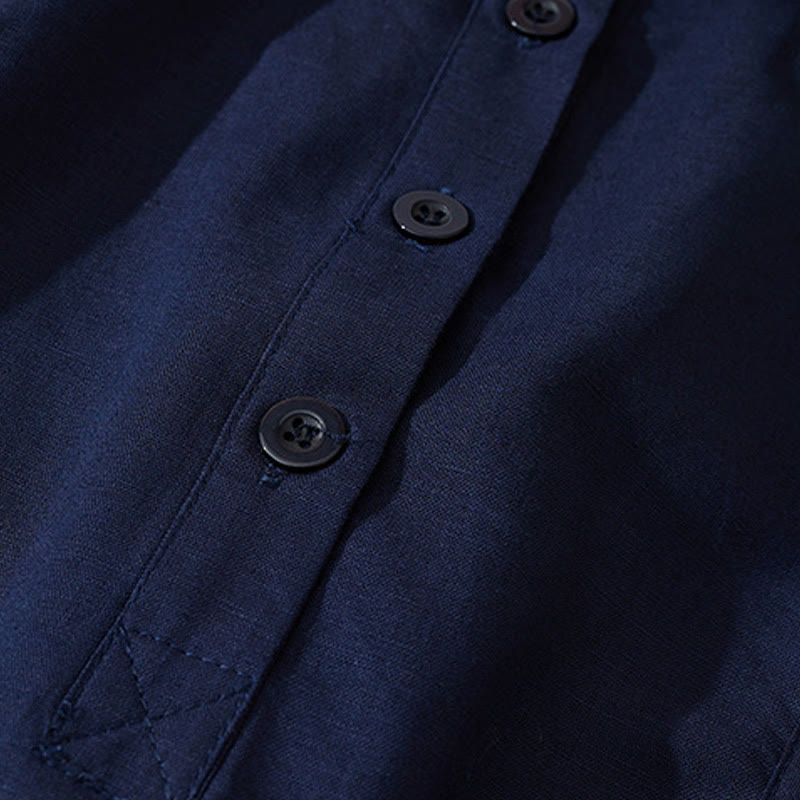 Buddha Stones Summer Retro Solid Color Button Design Short Sleeve Cotton Midi Dress With Pockets - image 20