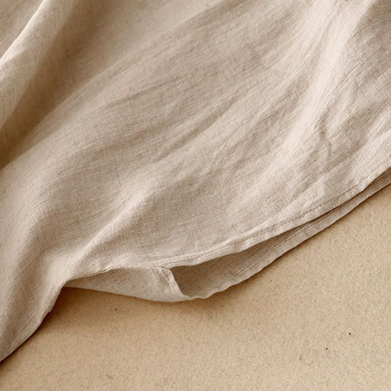 Buddha Stones Casual Artistic Solid Color Simple Design High Waist Short Sleeve Cotton Linen Midi Dress With Pockets - image 3