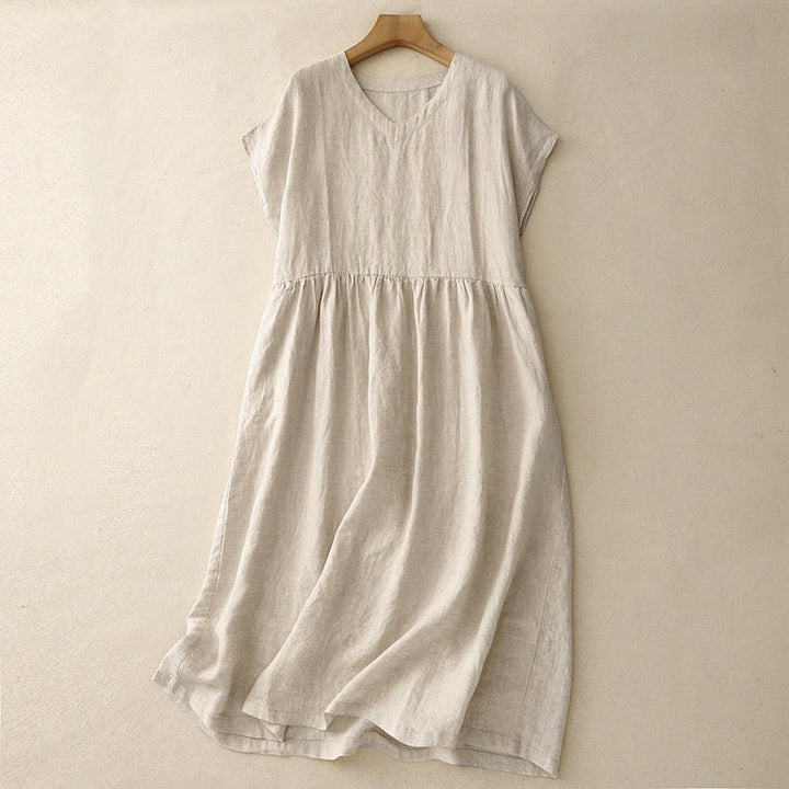 Buddha Stones Casual Artistic Solid Color Simple Design High Waist Short Sleeve Midi Dress With Pockets - Linen - US8-10，UK/AU12-14，EU40-42 (2XL) - image 0