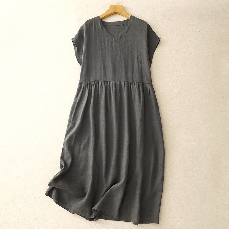 Buddha Stones Casual Artistic Solid Color Simple Design High Waist Short Sleeve Cotton Linen Midi Dress With Pockets - SlateGray - US8-10，UK/AU12-14，EU40-42 (2XL) - image 8