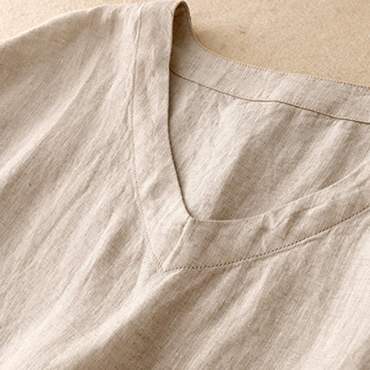 Buddha Stones Casual Artistic Solid Color Simple Design High Waist Short Sleeve Cotton Linen Midi Dress With Pockets - image 2