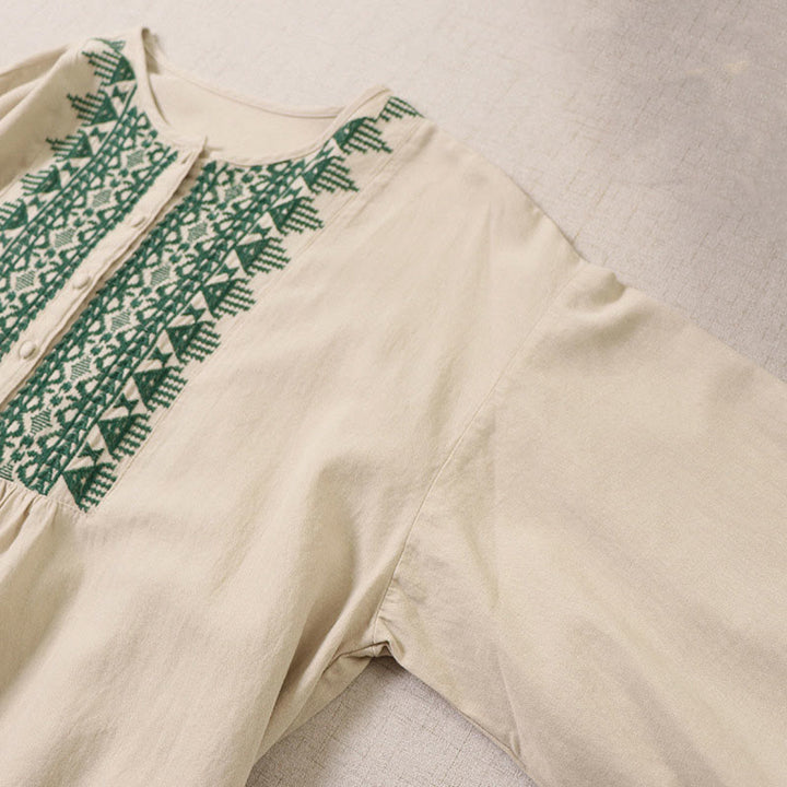 Buddha Stones Casual Artistic Geometric Embroidery Button Front Long Lantern Sleeve Cotton Linen Midi Dress - image 11