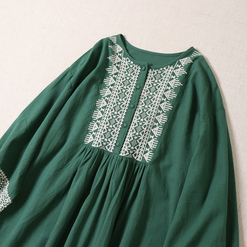 Buddha Stones Casual Artistic Geometric Embroidery Button Front Long Lantern Sleeve Cotton Linen Midi Dress - image 1
