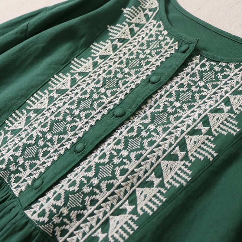 Buddha Stones Casual Artistic Geometric Embroidery Button Front Long Lantern Sleeve Cotton Linen Midi Dress - image 2