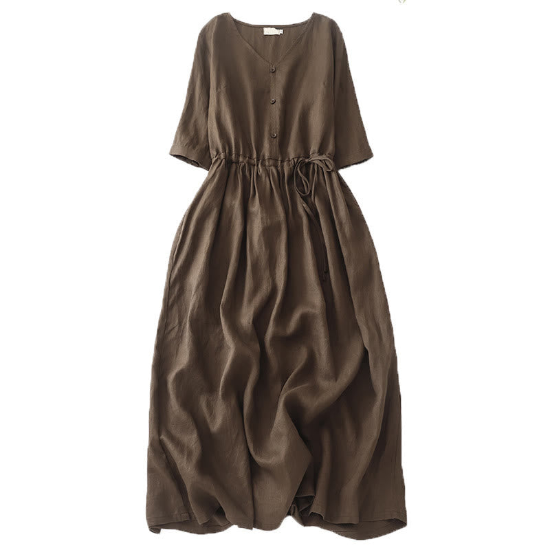 Buddha Stones Vintage Casual Solid Color Pleat Drawstring Design Half Sleeve Cotton Linen Midi Dress With Pockets - SaddleBrown - US8-10，UK/AU12-14，EU40-42 (2XL) - image 0