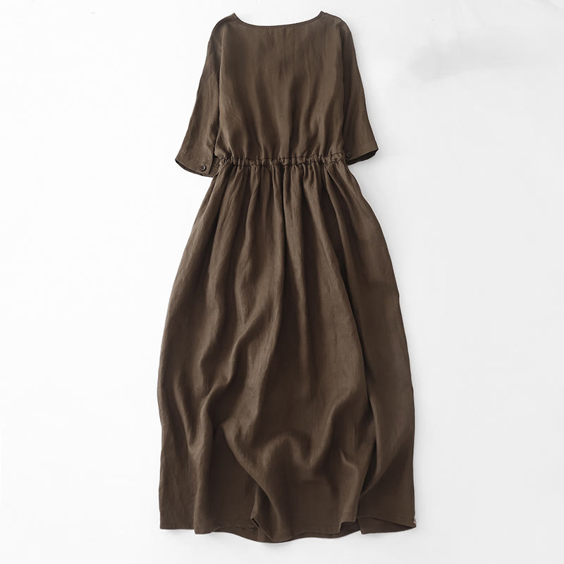 Buddha Stones Vintage Casual Solid Color Pleat Drawstring Design Half Sleeve Cotton Linen Midi Dress With Pockets - image 1