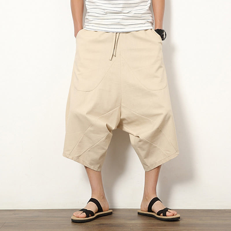 Buddha Stones Spring Plain Simple Patchwork Design Drawstring Cotton Linen Men's 7-8 Length Wide Leg Pants With Pockets - image 7