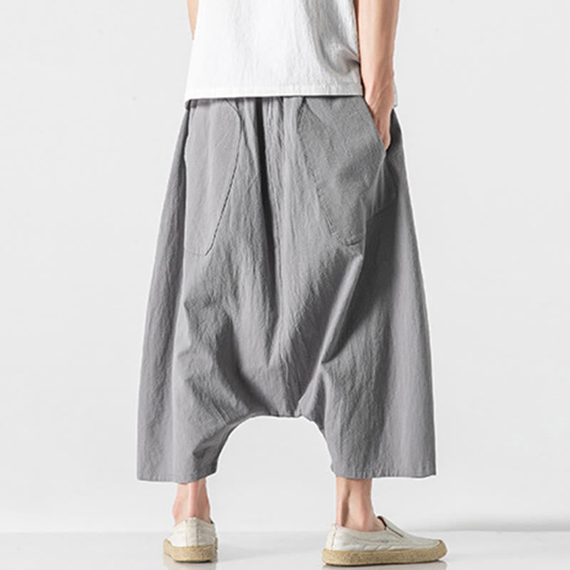 Buddha Stones Casual Low Crotch Design Drawstring Men's 7-8 Length Cotton Linen Wide Leg Pants With Pockets - image 24