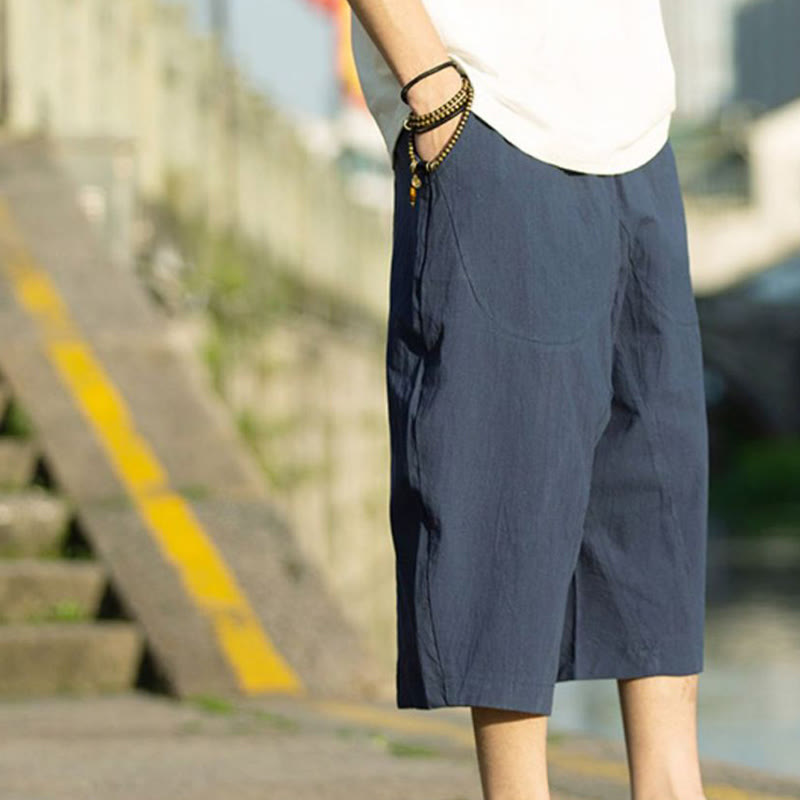 Buddha Stones Summer Plain Pleat Design Drawstring Men's 7-8 Length Cotton Linen Pants With Pockets - image 13