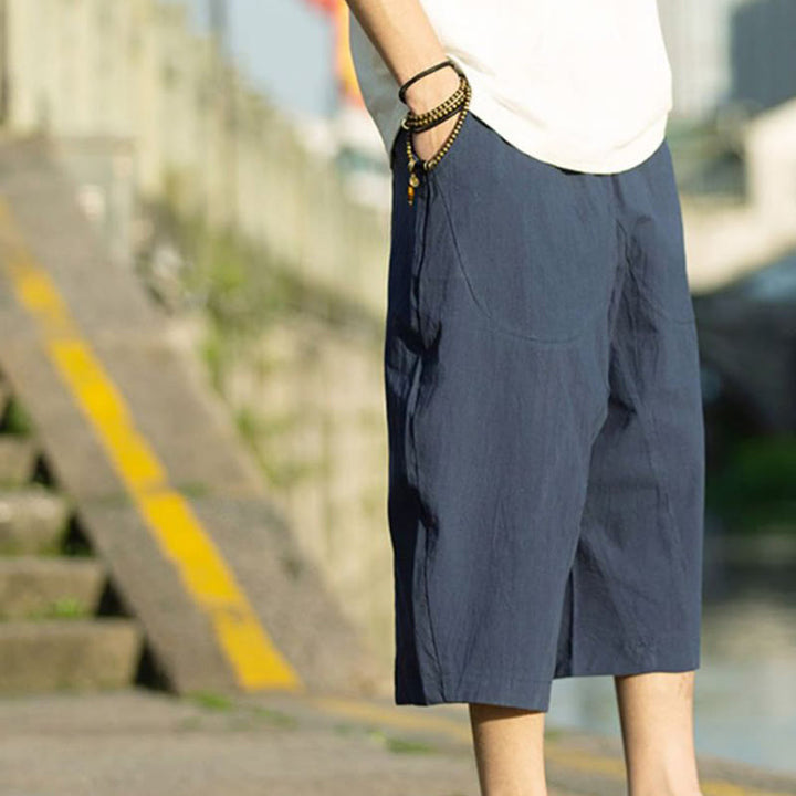 Buddha Stones Summer Plain Pleat Design Drawstring Men's 7-8 Length Cotton Linen Pants With Pockets - image 13