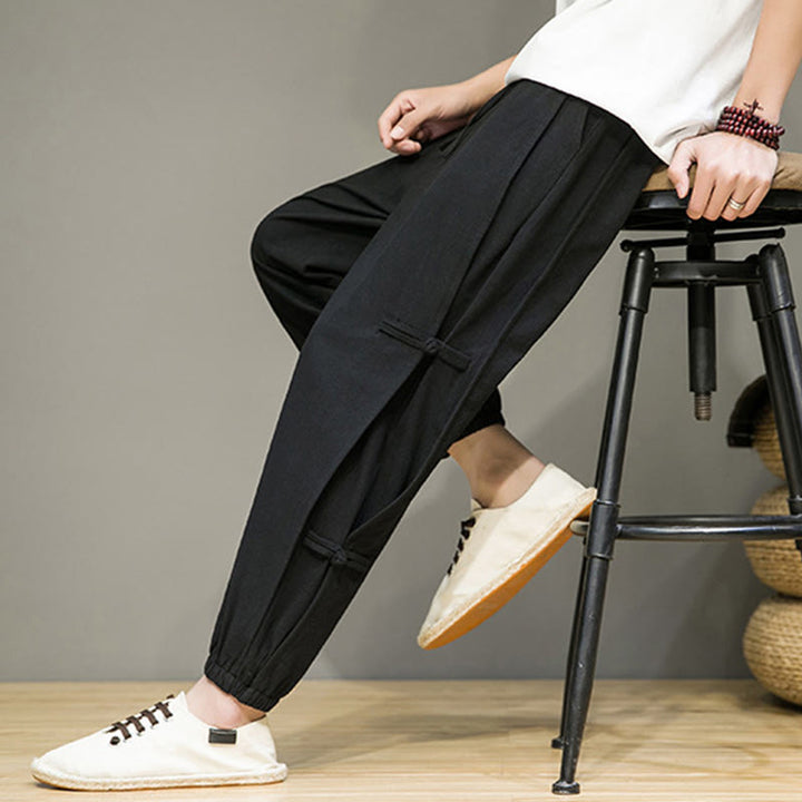 Buddha Stones Summer Vintage Drawstring Chinese Frog-Button Design Men's Cotton Linen Harem Pants With Pockets - image 9