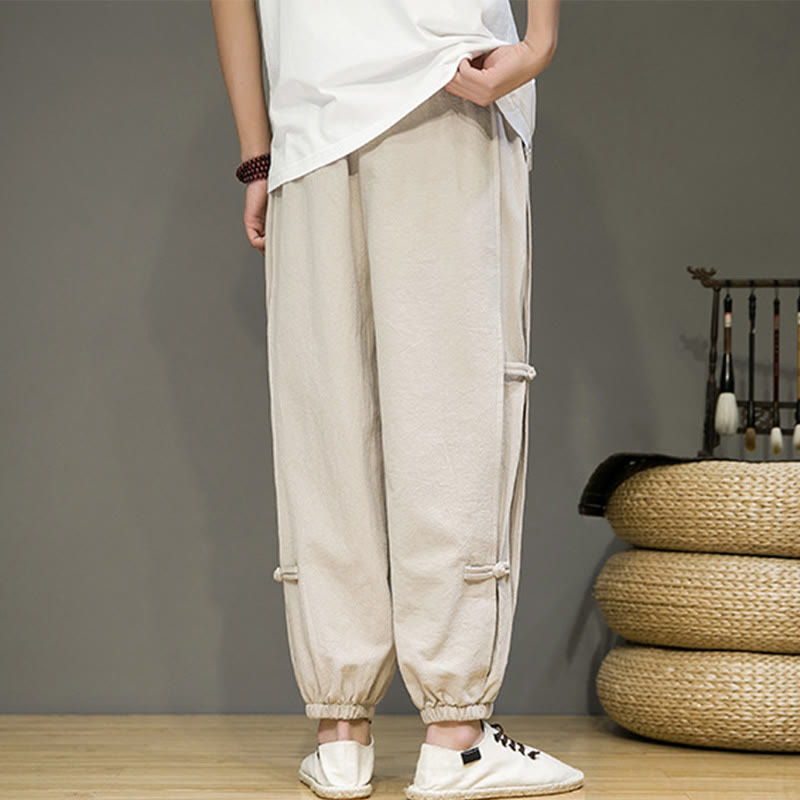 Buddha Stones Summer Vintage Drawstring Chinese Frog-Button Design Men's Cotton Linen Harem Pants With Pockets - image 2
