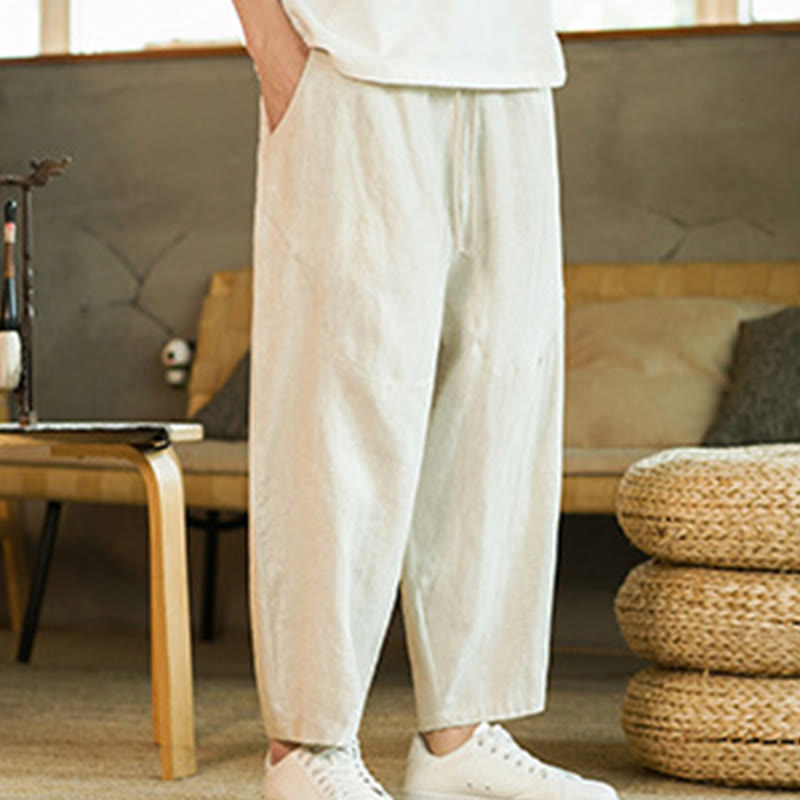Buddha Stones Casual Retro Solid Color Simple Design Drawstring Men's Linen Elastic Waistband Harem Pants With Pockets - image 2