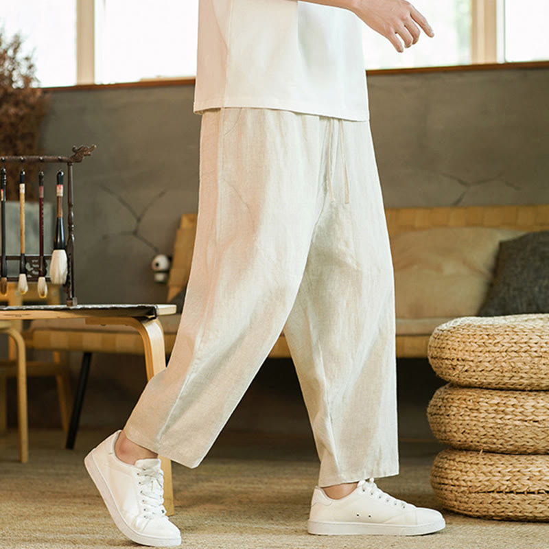 Buddha Stones Casual Retro Solid Color Simple Design Drawstring Men's Linen Elastic Waistband Harem Pants With Pockets - image 4