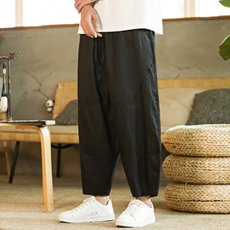 Buddha Stones Casual Retro Solid Color Simple Design Drawstring Men's Linen Elastic Waistband Harem Pants With Pockets - image 12