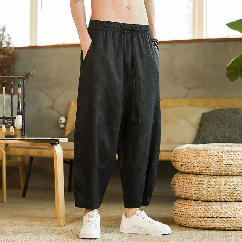 Buddha Stones Casual Retro Solid Color Simple Design Drawstring Men's Linen Elastic Waistband Harem Pants With Pockets - Black - US/UK/AU46，EU56 (5XL) - image 8