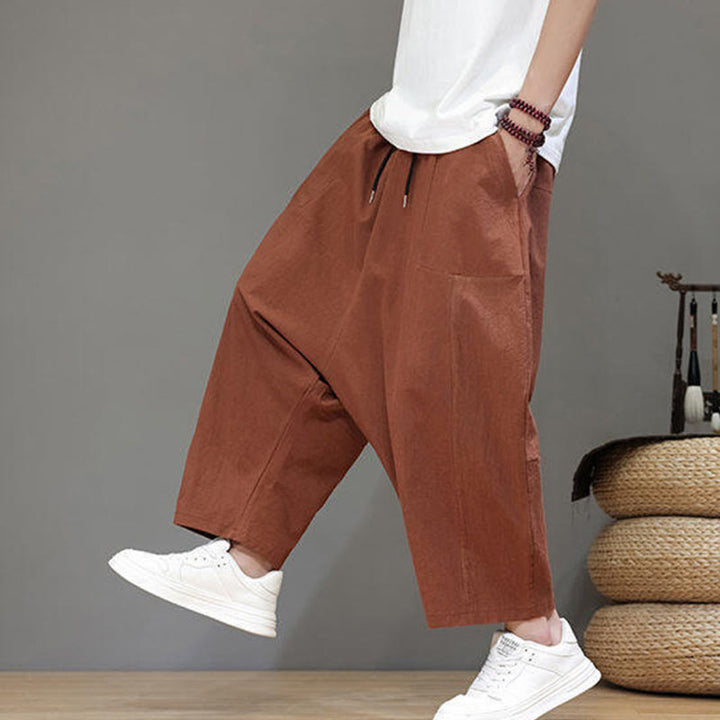Buddha Stones Casual Plain Low Crotch Design Drawstring Men's Cotton Elastic Waistband Wide Leg Pants With Pockets - image 26