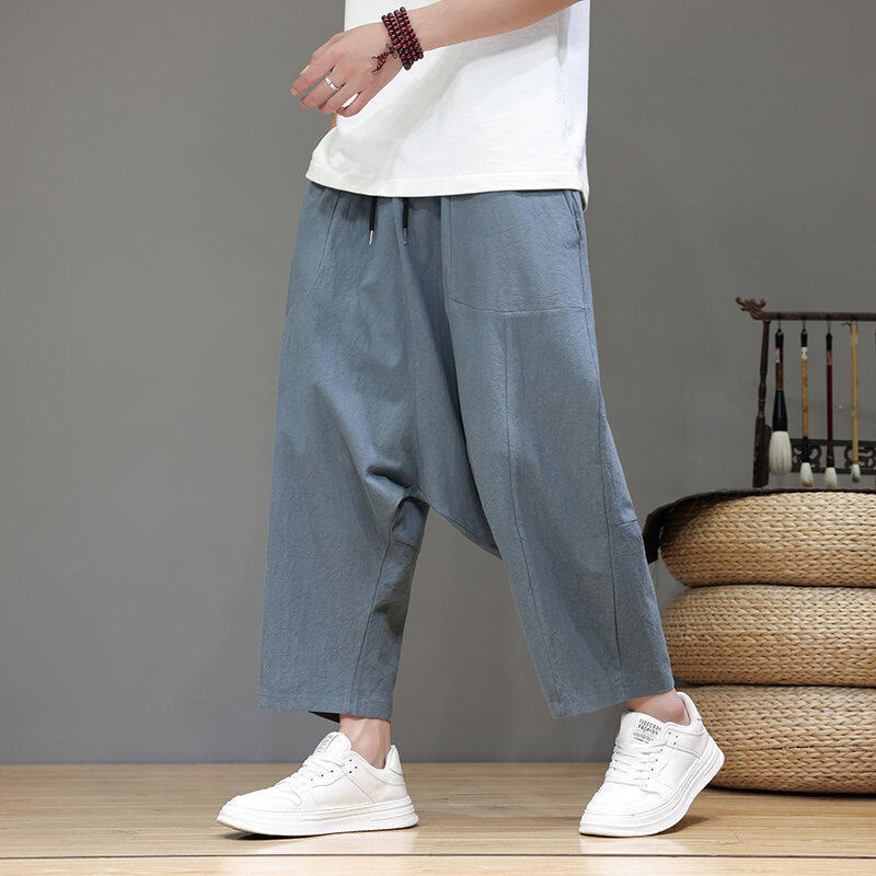 Buddha Stones Casual Plain Low Crotch Design Drawstring Men's Cotton Elastic Waistband Wide Leg Pants With Pockets - SteelBlue - US/UK/AU46，EU56 (5XL) - image 0